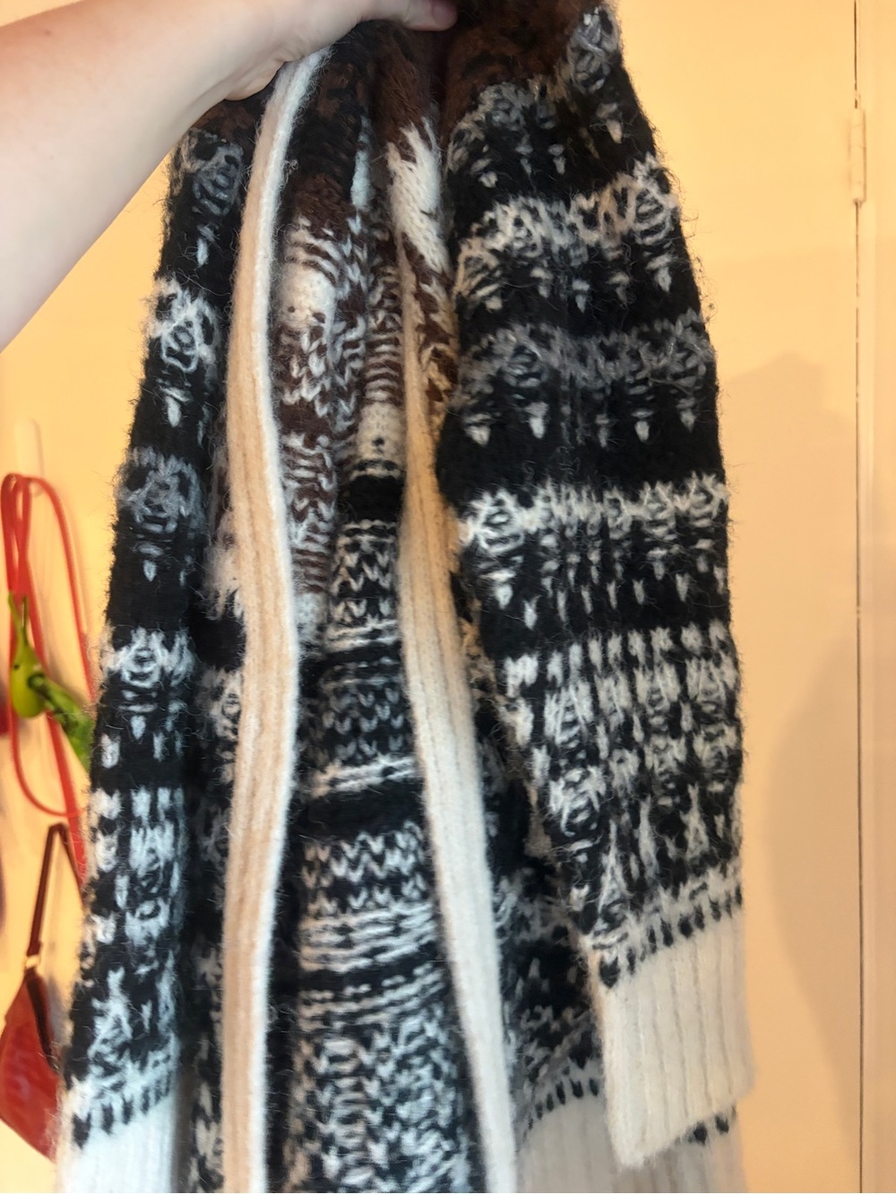 eesome Open-Front Fair Isle Cardigan in Cream, Brown, and Black - Picture 12 of 13